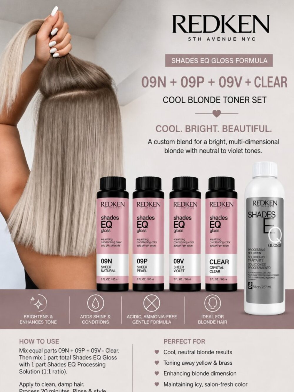 Redken Shades EQ Cool Blonde Toner Set – 09N, 09P, 09V, Clear + Processing Solut